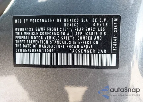 2019 Volkswagen Jetta 1.4T Sel Premium from USA, damaged, VIN 3VWG57BU2KM110621